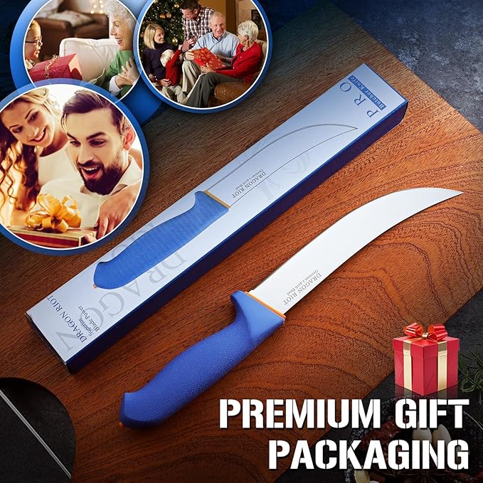 DRAGON RIOT Premium Butcher Breaking Knife 8 Inch, Curved Caving and Slicing Knife in High Carbon Stainless Steel,Razor Sharp Birsket Knives,Cimeter Breaking Blade for Meat Cutting,Ideal Gift for Men