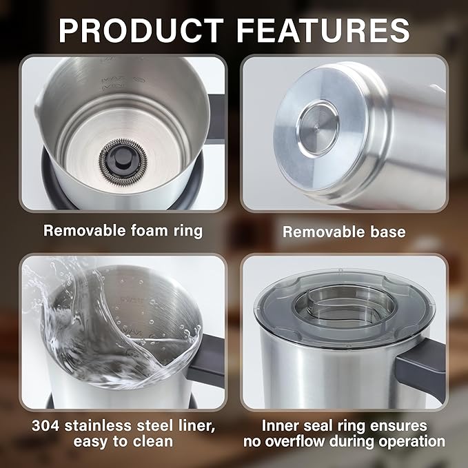 4 in 1 Milk Frother and Steamer, 500ml Electric Foam Maker with Dial Control & LED Indicator, Hot & Cold Milk Frother, Non-Stick Stainless Steel, Silent, Easy to Clean, for Coffee