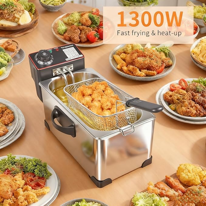 3L Deep Fryer with Basket, 1300W Small Deep Fryers for Home Use, Fryer Pot with Temperature Control, View Window Lid,Stainless Steel Body Electric Deep Fryer Pot for Restaurant