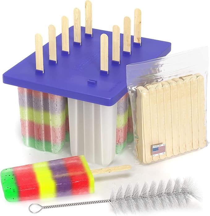 American Ice Pop Maker - Frozen Popsicle Mold Kit Moldes Para Paletas - 10 Large BPA Free Removable Plastic Molds + 50 Wood Sticks, Cleaning Brush, Healthy Kids Fruit & Cream Treats(Classic-10, Blue)