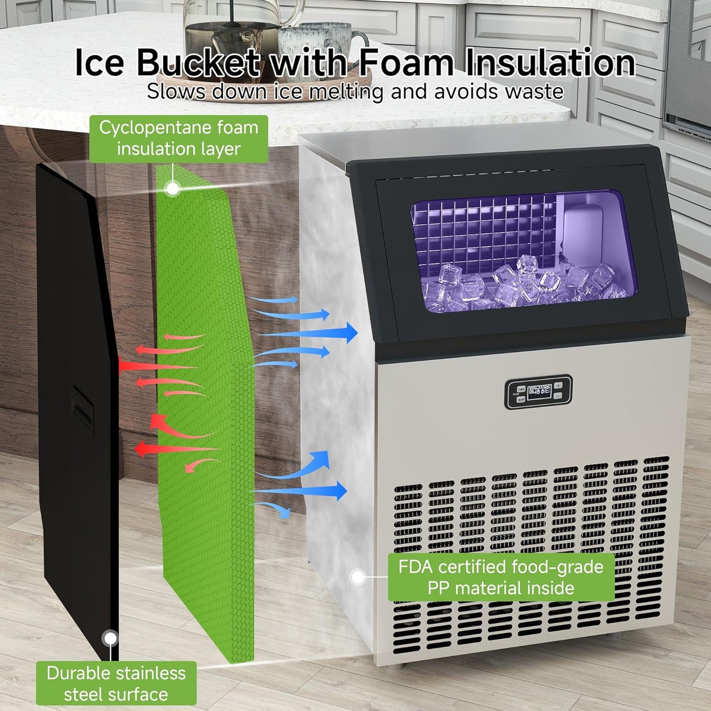Real Relax Commercial Ice Machine, 270LBS/24H ETL Approval Under Counter Ice Maker Machine, 48LBS Ice Storage Capacity, Auto Self-Cleaning, LCD Display, with Ice Scoop for Party Bars