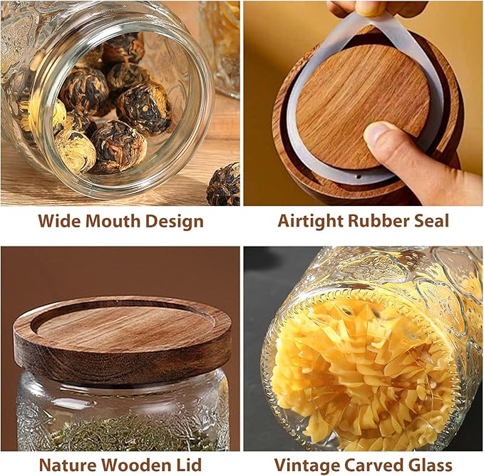 2-Pack 34 OZ Vintage Glass Jar with Lid, Airtight Food Storage Canisters with Bamboo for Kitchen Counter Pantry, Ideal for Coffee, Candy, Tea, Oats, Sugar, Cookies Decorative Jars
