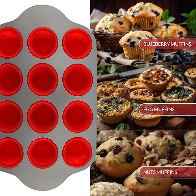 Boxiki Kitchen Combo: Non-Stick 12 Cup Silicone Muffin Pan & 9 Inch Round Cake Pan with Steel Frame - Perfect for Baking Muffins, Cupcakes, and Cakes