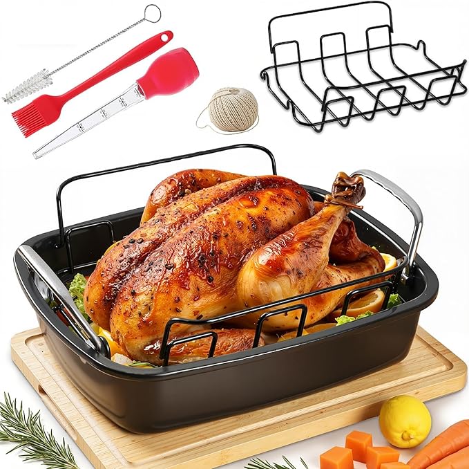 Large Nonstick Roasting Pan Kit with Rack (17x13 Inch) - Includes Baster, Pastry Brush & Twine for Turkey, Chicken, Ham - Even Heating, Easy Clean, Dark Grey