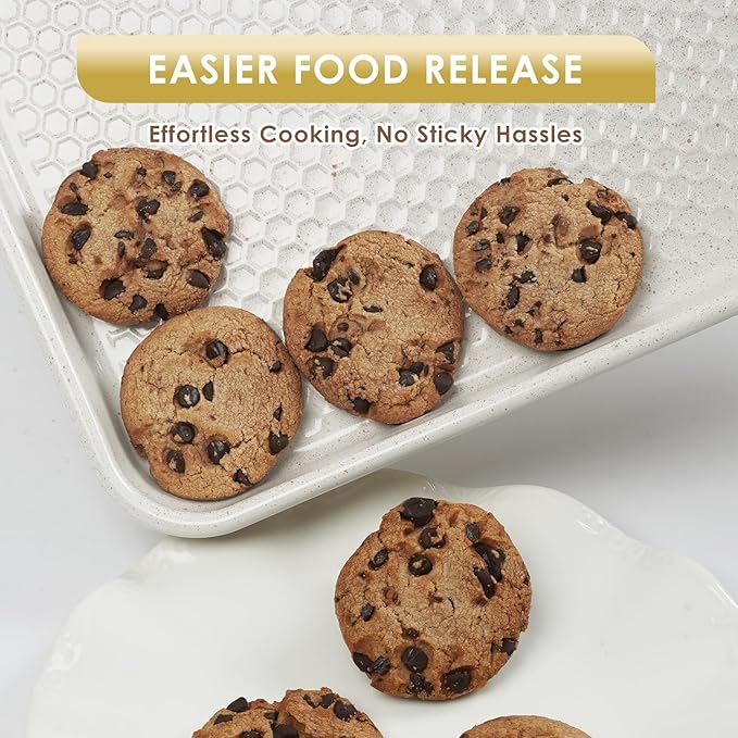 Baking Sheet Pan Set of 3, Nonstick Carbon Steel Cookie Sheets with Texture, Commercial Half/Quarter/Jelly Roll Pans Replacement Toaster Oven Tray, Heavy Duty & Easy Clean, White