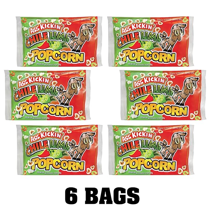 ASS KICKIN' Chile Lime Microwave Popcorn Bags - 6 Pack - Ultimate Spicy Popcorn Gourmet Gift - Makes a Great Movie Theater Popcorn or Snack Food for Movie Night