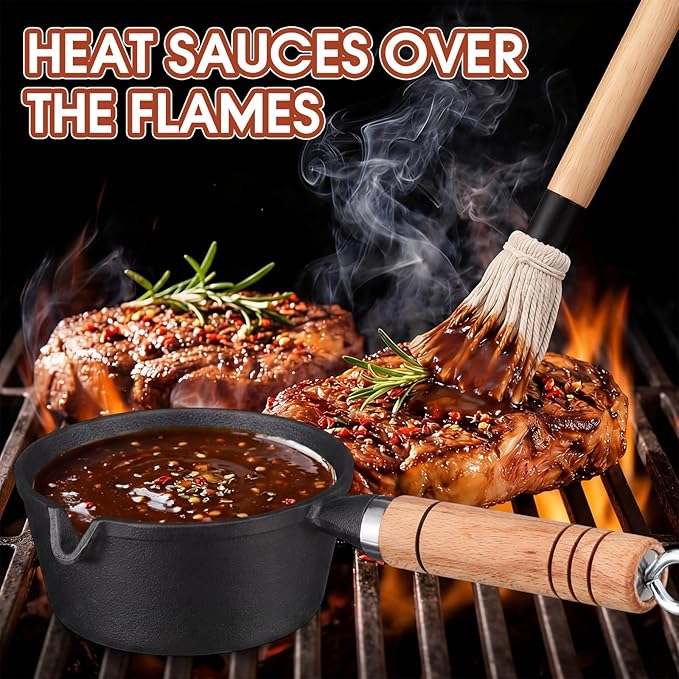 7 Pcs BBQ Mop Brush and Cast Iron Sauce Pot Set Include 15&24oz Cast Iron Basting Pot 2 Size Wooden Handle Sauce Mops with 2pcs Replacements and Oil Brush for Meat Smoker Melting Camping