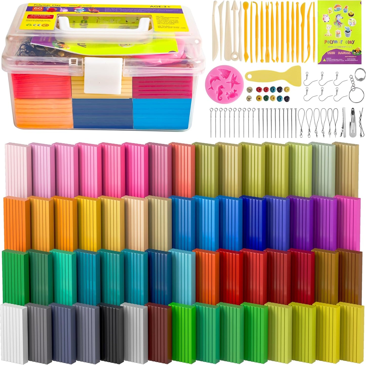 Polymer Clay 60 Colors, Modeling Clay for Kids Oven Baked Model Clay Non-Sticky with Sculpting Tools DIY Starter Kits,and Accessories