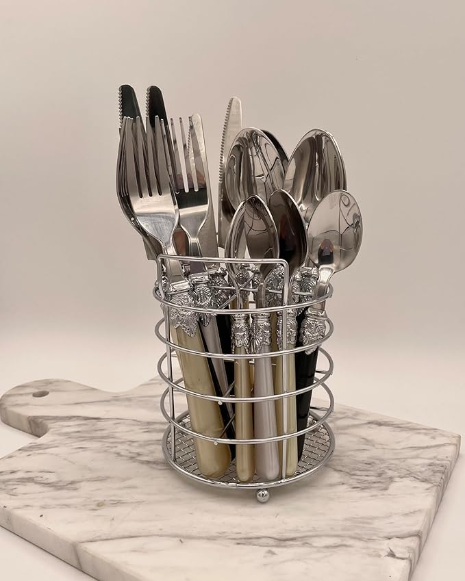 The Original Brink House Glam Mix & Match Stainless Steel Cutlery Set with Assorted Baroque Handles / 16 pieces with Metal Stand, Lifestyle utensils set for home, first apartment, dorm, dinner parties
