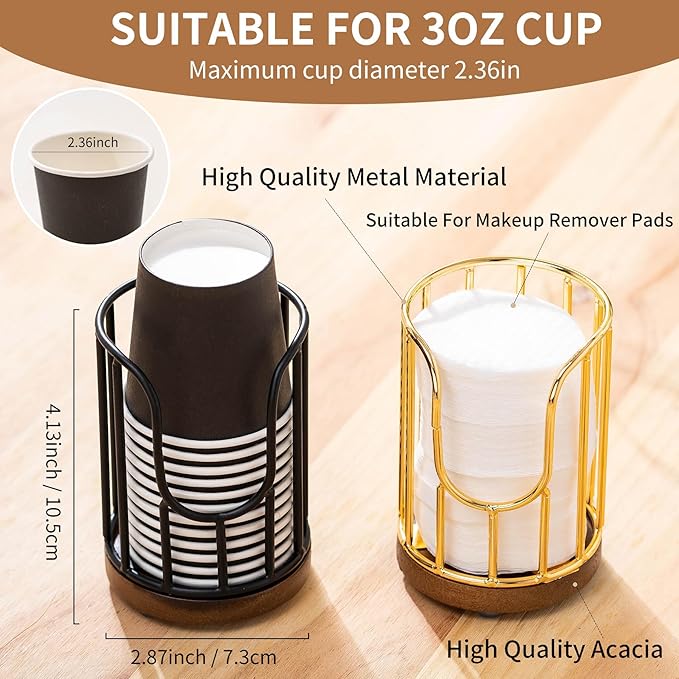 Black 2 Tier Bathroom Organizar and Black Bathroom Cup Dispenser with Acacia Wood Stand - Essential Bathroom Accessories for Toothbrush Holders & Mouthwash Cup Dispenser on Vanity Countertops