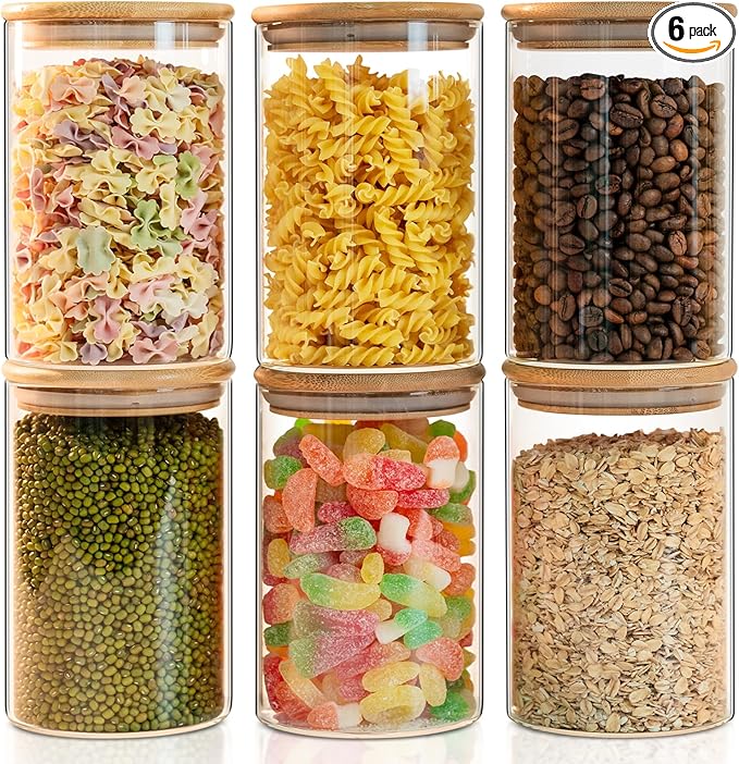 Liuruiyu Glass Food Storage Jars 6-Pack 37oz - 4x6 in-Clear Glass Food Canisters with Bamboo Lid Airtight For Serving Tea, Coffee, Flour, Sugar, Candy, Cookie, Spice and More (Circular)