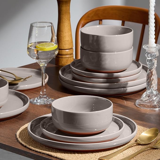 E-far 18-Piece Ceramic Dinnerware Sets, Plates and Bowls Sets for 6, Stoneware Dishware Dishes Set with Terracotta Base, Chip & Scratch Resistant, Microwave & Dishwasher Safe, Speckled Khaki