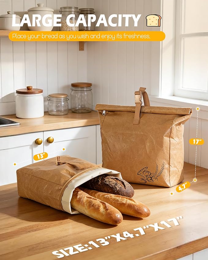 Marscamd Large Reusable Bread Bags for Homemade Bread with Zipper, 2 Pack Sourdough Bread Bags with Handle, Bread Storage Bags for Freezer, Refrigerator, Brown