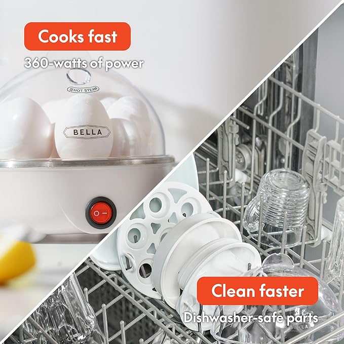 BELLA Rapid Electric Egg Cooker and Omelet Maker with Auto Shut Off, for Easy to Peel, Poached Eggs, Scrambled Eggs, Soft, Medium and Hard Boiled Eggs, 7 Egg Capacity Tray, Single Tier, White
