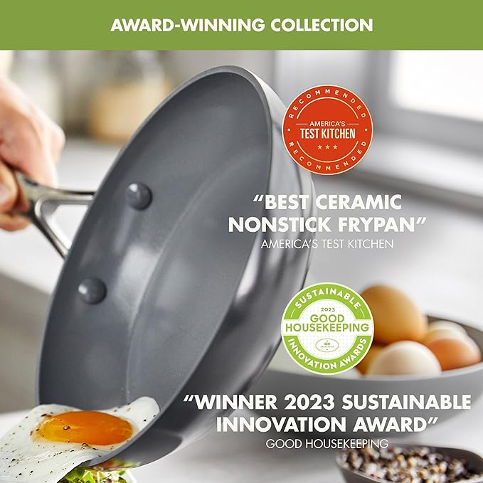 GreenPan Valencia Pro Ceramic Nonstick 8" 9.5" & 11" Fry Pan Skillet Set, Hard Anodized PFAS-Free, Induction Ready, Compatible on All Cooktops, Dishwasher Safe, Oven Safe to 600F, Gray