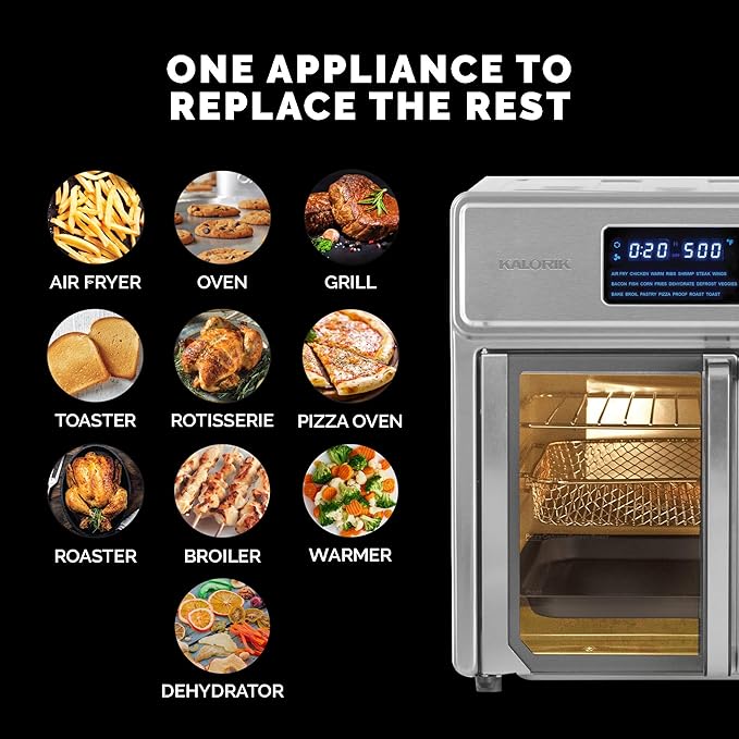 Kalorik MAXX Air Fryer Oven, 26 Quart 10-in-1 Countertop Toaster Oven & Air Fryer Combo - Fry, Bake, Roast, Rotisserie, & More, Large Glass French Doors & 9 Accessories, 1700-Watts, Stainless Steel