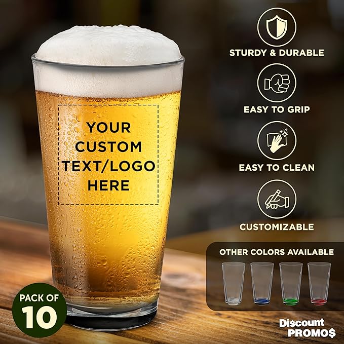 Custom Casale Pint Glass 16 oz. Set of 10, Personalized Bulk Pack - Beer Glasses, Heavy Duty Drinkware - Black