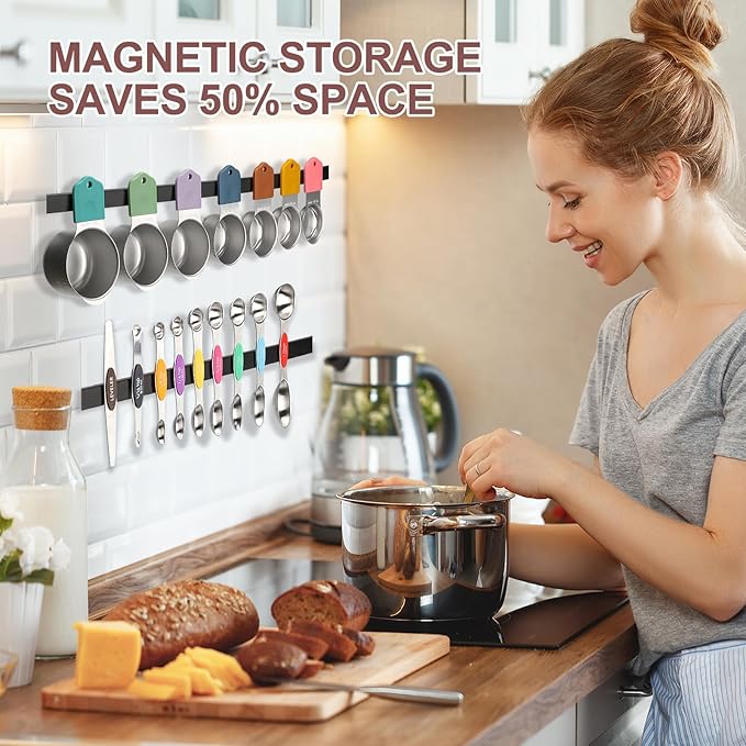 16-Piece Stainless Steel Measuring Cups and Spoons Set, Strong Magnetic Nesting Design 7 Cups 8 Spoons with Leveler, Double Measurement Markings for Dry & Liquid Ingredients, Colorful