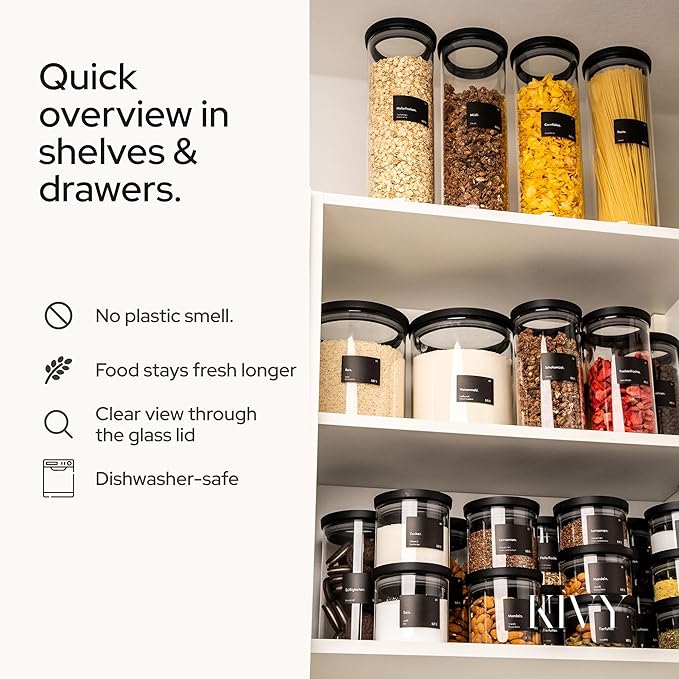 KIVY Airtight Glass Jars with Lids & Labels [3x 40oz] Stackable Glass storage jars with airtight lids - Glass Jars with airtight lid - Food Glass canisters with air tight lids - Pantry containers