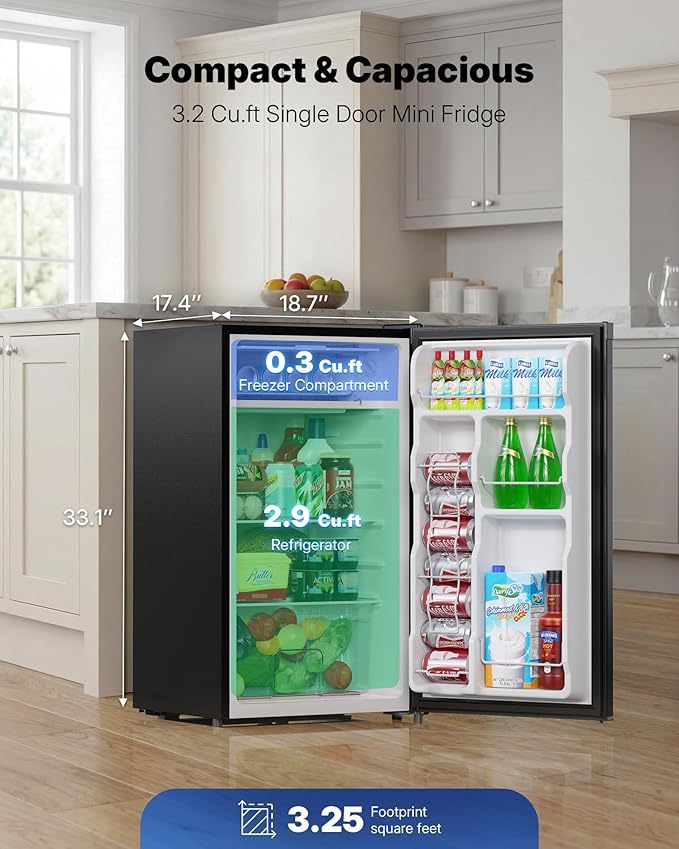 Upstreman 3.2 Cu.Ft Mini Fridge with Freezer, Single Door Compact Refrigerator, Adjustable Thermostat, Small Refrigerator for Dorm, Bedroom, Office, Black-BR321