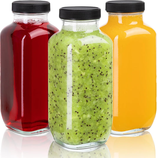 Juice Bottles with Lids, 16 Oz - Set of 3 - Clear Glass Jars with Caps - Reusable Empty Drink Containers for Juicing, Smoothies, Water, Milk, Kombucha Storage, Wellness Shots and More (3)