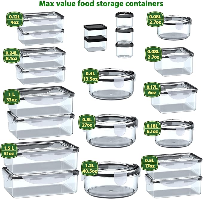 44 Pcs Food Storage Containers with Lids Airtight- (22 Stackable Boxes-22 Lids) Plastic Meal Prep Container for Pantry Kitchen Organization, Microwave, Dishwasher, Freezer Safe -100% Leak Proof