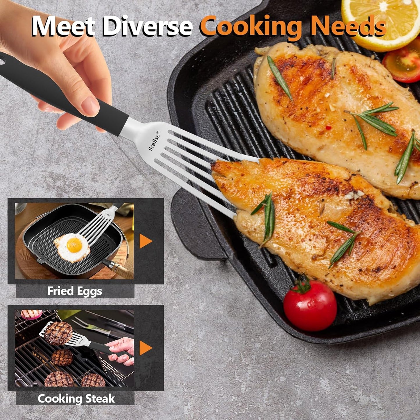 Fish Spatula Stainless Steel, Metal Spatula for Cast Iron Skillet, Slotted Turner with Silicone Handle for Cooking, Grilling, Flipping, Egg, Cookie, Pancake and Burger (Large, 13.5 Inch)