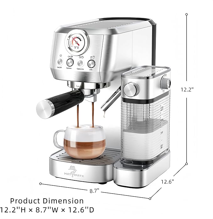 MAttinata Cappuccino Coffee Machine with Automatic Milk Frother, Compact Espresso Machine with Pressure Gauge, Stainless Steel Cappuccino Maker with for Home, Office