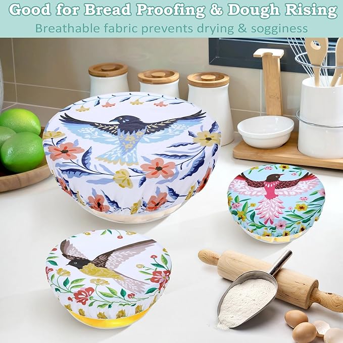 5-Size Reusable Beeswax Bowl Covers for Bread Proofing, Cotton Cloth Flexible Beeswax Wraps for Food Storage(Floral Bird)