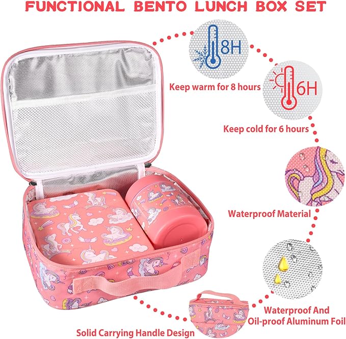 Bento Lunch Box Set for Kids with 10oz Soup Thermo, Leak-Proof Lunch Containers with 4 Compartment, Kids Thermo Hot Food Jar and Insulated Lunch Bag for Kid to School,BPA-Free(Unique Horse)