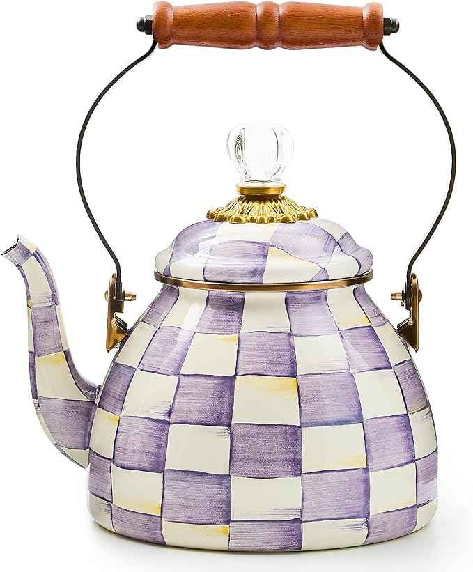 MACKENZIE-CHILDS Enamel Tea Kettle, Decorative Tea Kettle for Stovetop, 2 Quarts, Purple-and-White Violet Check