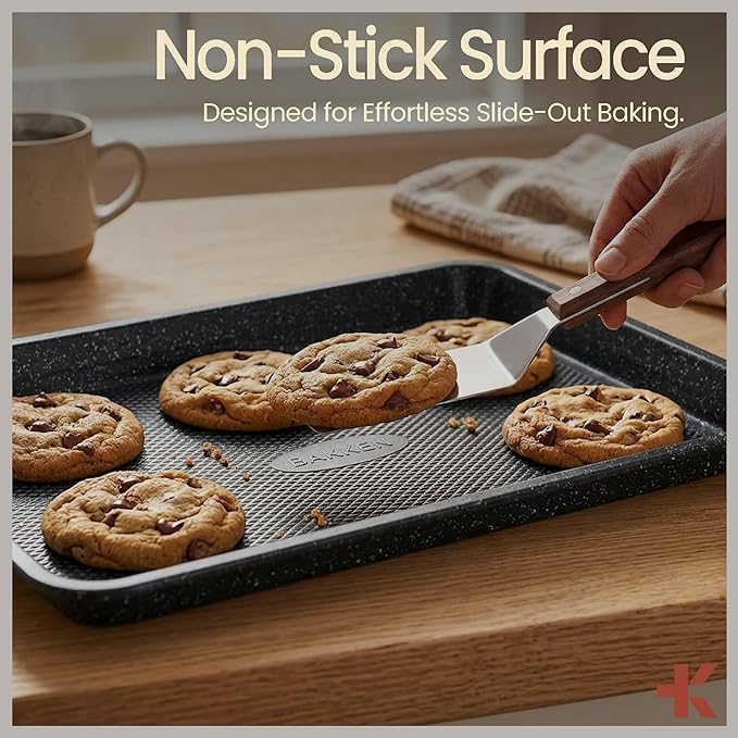 BAKKEN Kitchen Baking Pans - Nonstick Gray Coating, 13.58’’ × 9.65’’ Commercial Grade Carbon Steel Cookie Sheet, Diamond Texture Bottom, PFOA, PFOS, PTFE Free, Oven Safe Tray (450°F), Gray Marble