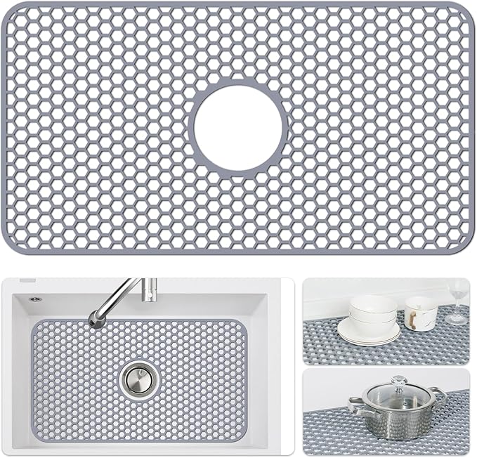 Bestjing Silicone Sink Mat - Protectors for Kitchen Sink with Center Drain, 26"x 14" Kitchen Grid Accessory, Non-Slip Heat-Resistant Mat for Bottom of Farmhouse Porcelain Stainless Steel (Center Hole)