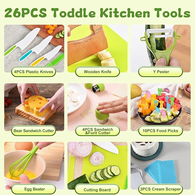 Hilsoeet 26PCS Kids Knives for Real Cooking, Wooden Kids Kitchen Knife Set Include 4 Serrated Edges Plastic Toddler Knives, Cutting Board, Y Peeler, Egg Beater, Toddler Food Picks and Cream Scraper
