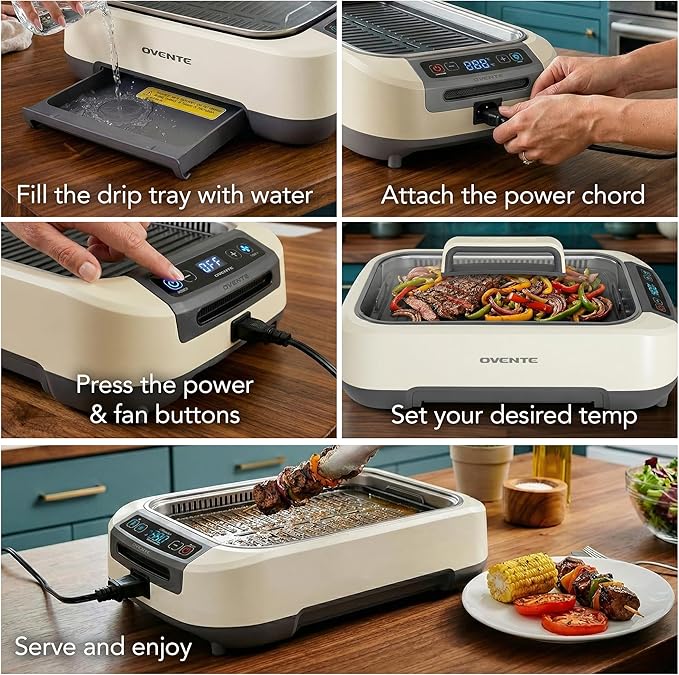 OVENTE Smokeless Indoor Grill, 1500W Electric Portable Korean BBQ Grill with One-Touch Control, LED Smart Display, Tempered Glass Lid, Two Removable Non-Stick and Dishwasher Safe Plates, White SGR85W