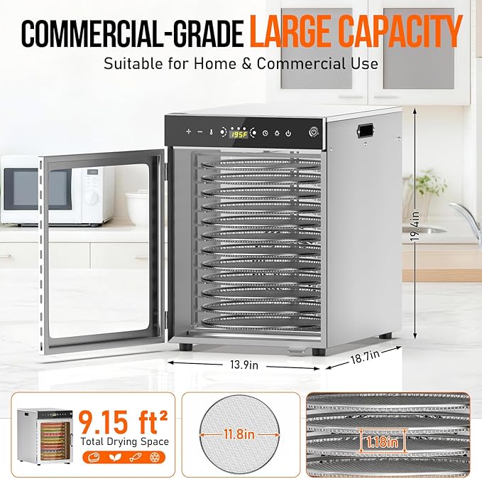 Food Dehydrator 12 Trays - 360° Rotary Meat Dehydrator for Jerky with 194°F Temp & 24H Time Control, 800W Even Heating Food Dryer Machine for Herbs, Fruit, Meat, Yogurt, Silver