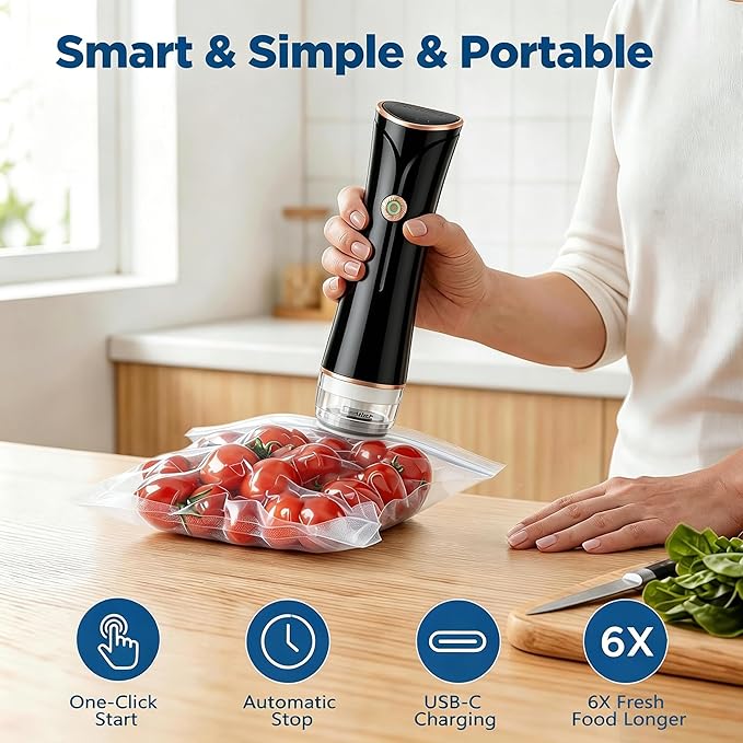 Compact Vacuum Sealer for Food with Visible Tank, Handheld Vacuum Sealer Machine, Includes 30 Reusable Bags, Seal Food 6X Fresh Longer, Wireless & Portable, Suitable for Kitchen and Travel, Black