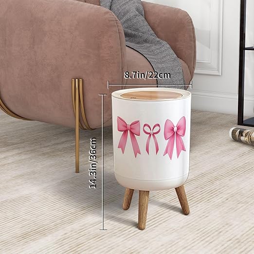 Trash Can with Lid Pink bow coquette y2k aesthetic ribbon elegant accessory pastel tie Press Top Round Small Garbage Bin with Wooden Legs Waste Basket for Kitchen Bedroom Nursery 7L/1.8 Gallon