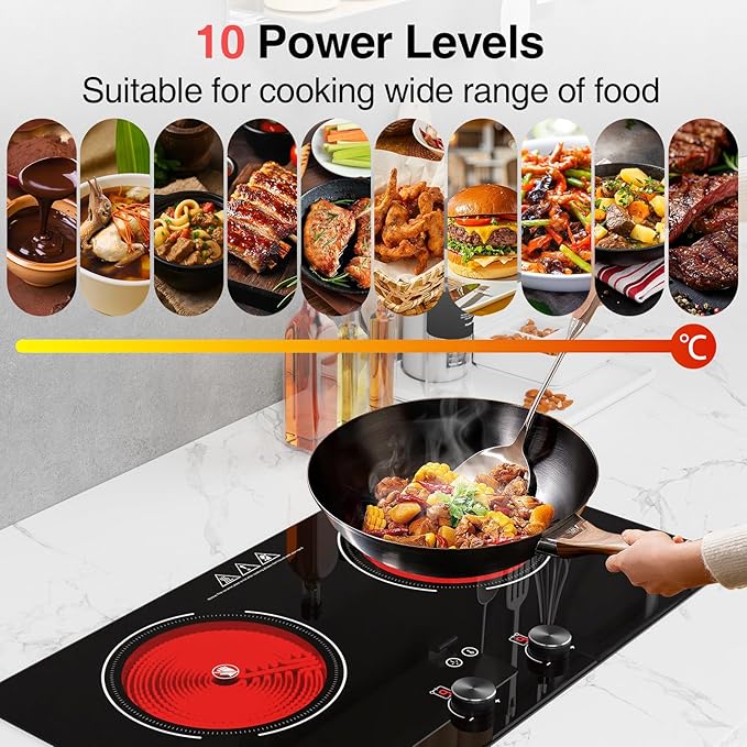 4000W Electric Cooktop: 24" Electric Stove 2 Burner Hot Plate Double Burner, Knob Control Countertop & Built-in, 9 Power Levels, Child Lock, Timer, Suitable for All Pans