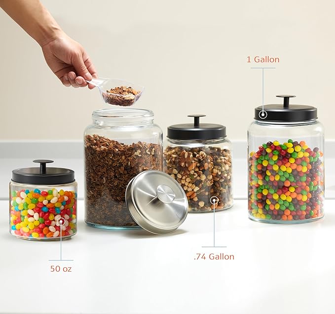 KooK Glass Kitchen Canister Set, Food & Storage Containers for Pantry, Bathroom Apothecary Jars, Tinplate tight Lids, Counter Organizers, 50 oz, Black, Set of 2