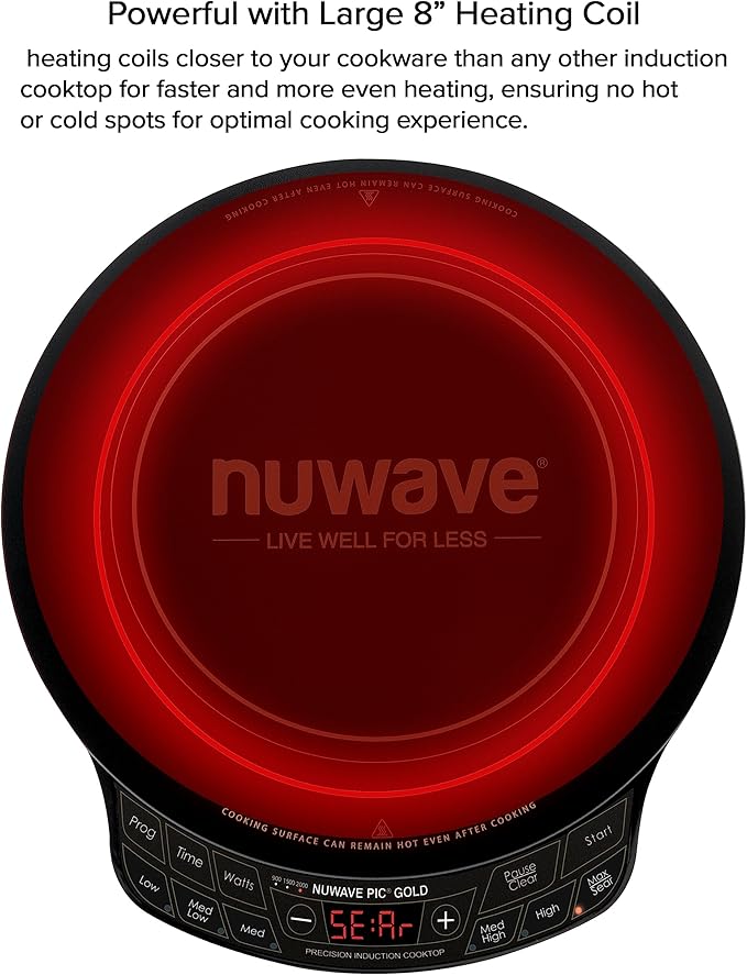 Nuwave Precision Induction Cooktop Gold, 12” Shatter-Proof Ceramic Glass Surface, Large 8” Heating Coil, Portable, 51Temp Settings 100°F to 575°F, 3 Wattage Settings 600, 900, and 1500 Watts