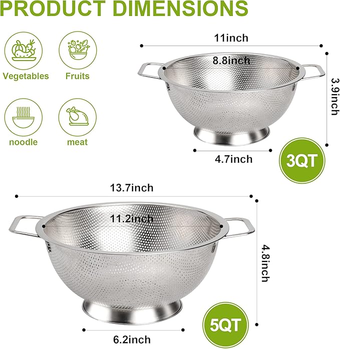 Colander Stainless Steel 5-Quart, Strainer for Kitchen Food, Dishwasher Safe