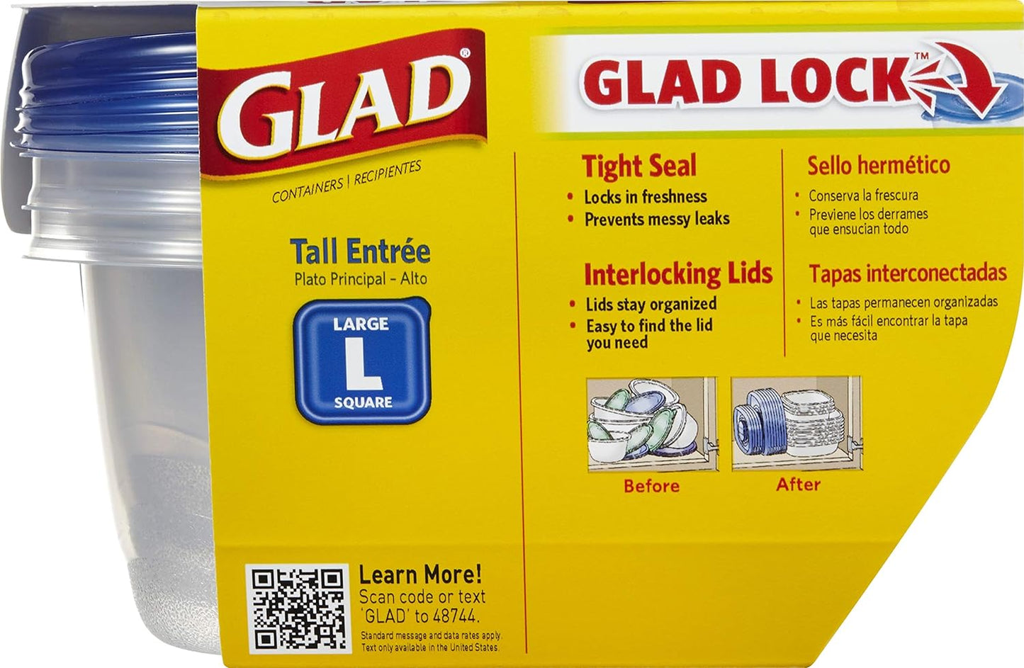 Glad GladWare Tall Entree Food Storage Containers - Large Square - Meal Container Holds up to 42 Ounces of Food - Lock Tight Seal, 3 Count - 6 Pack