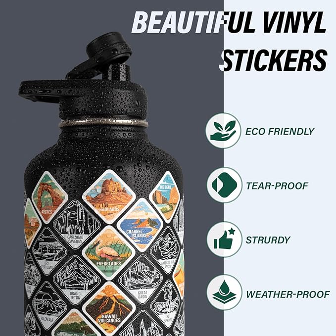 DYSANKY National Parks Water Bottle – 64 oz Insulated Stainless Steel Bottle with 63 Hand-Drawn Park Stickers, Carrier Bag, Strap & Gift Box – BPA-Free – Ideal for Hiking, Camping & Travel
