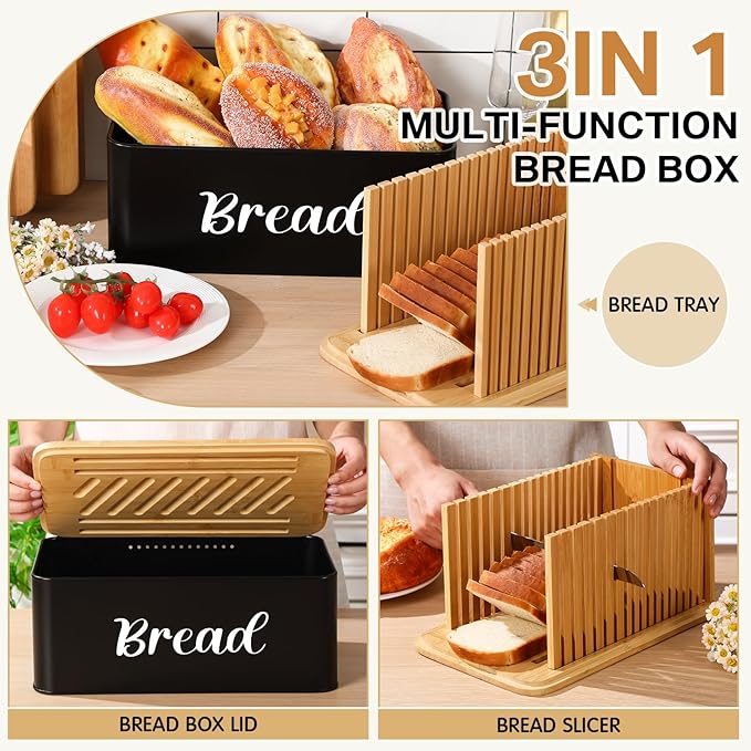 Bread Box with Bread Slicer Storage Container for Kitchen Countertop Food Storage with Multifunction Bamboo Lid, 3 in 1 Breadbox Removable Cut Board for Loaf Slicing (Black,Wood, Metal,Bamboo)