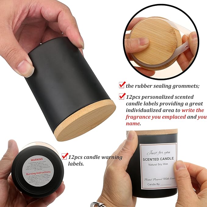 MILIVIXAY 12 Pack 12 OZ Black Matte Glass Candle Jars with Lids and Candle Making Kits - Bulk Empty Candle Jars for Making Candles - Spice, Powder Containers.