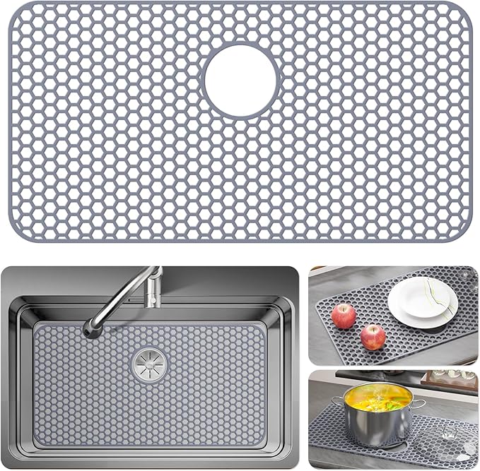 Bestjing Silicone Sink Protectors for Kitchen Sink with Rear Drain - 29.7"x 15.5" Kitchen Protector Accessory, Non-Slip Heat Resistan Mat for Bottom of Farmhouse Stainless Steel Porcelain