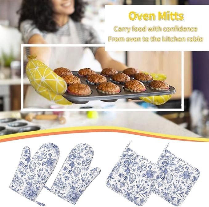 Vintage Flower Blue and White Leaves Oven Mitts and Pot Holders Sets of 4, Heat Resistant Silicone Oven Mittens and Potholders Gloves Hot Pads for Kitchen Cooking Baking Grilling BBQ Chef