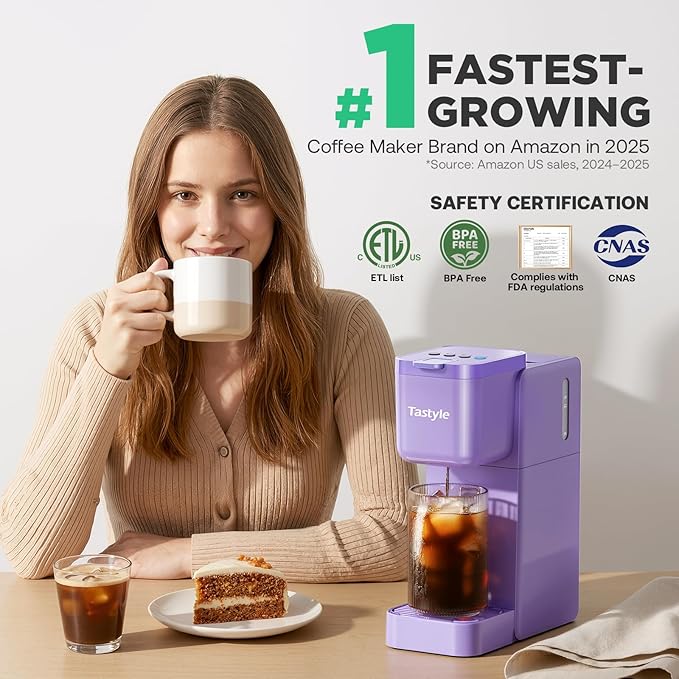 Tastyle Single Serve Coffee Maker Hot and Iced with Bold Brew, Small Coffee Machine for K Cup and Ground, Fits 7.3'' Travel Mug, Brews up to 16 Oz, 5 Cup Sizes, Compact for Office, RV& Hotel, Lavender