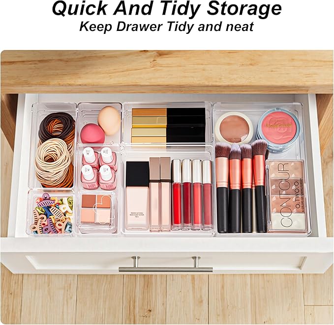 SMARTAKE 7-Piece Drawer Organizer with Non-Slip Silicone Pads, 4-Size Desk Drawer Organizer Trays Storage Tray for Makeup, Jewelries, Utensils in Bedroom Dresser, Office and Kitchen (Clear)